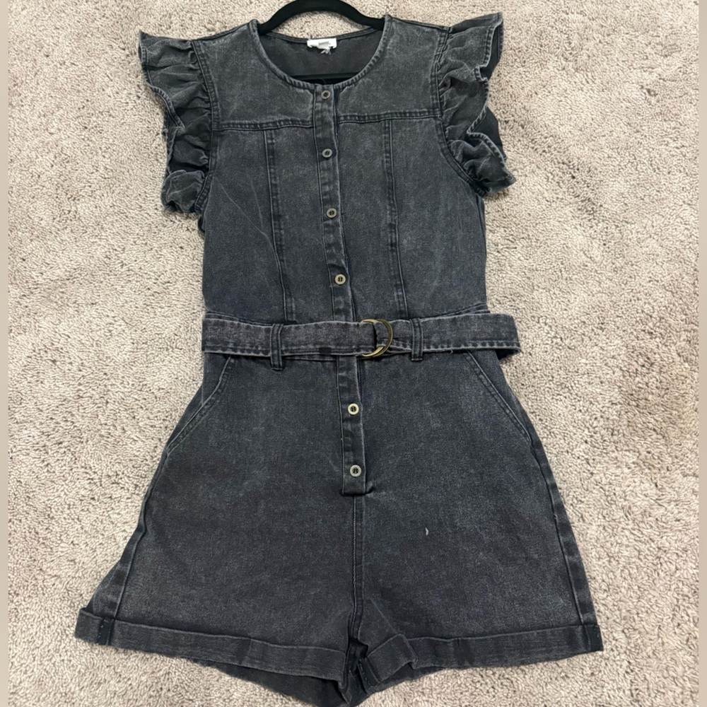 Black Washed Denim Romper with Belt